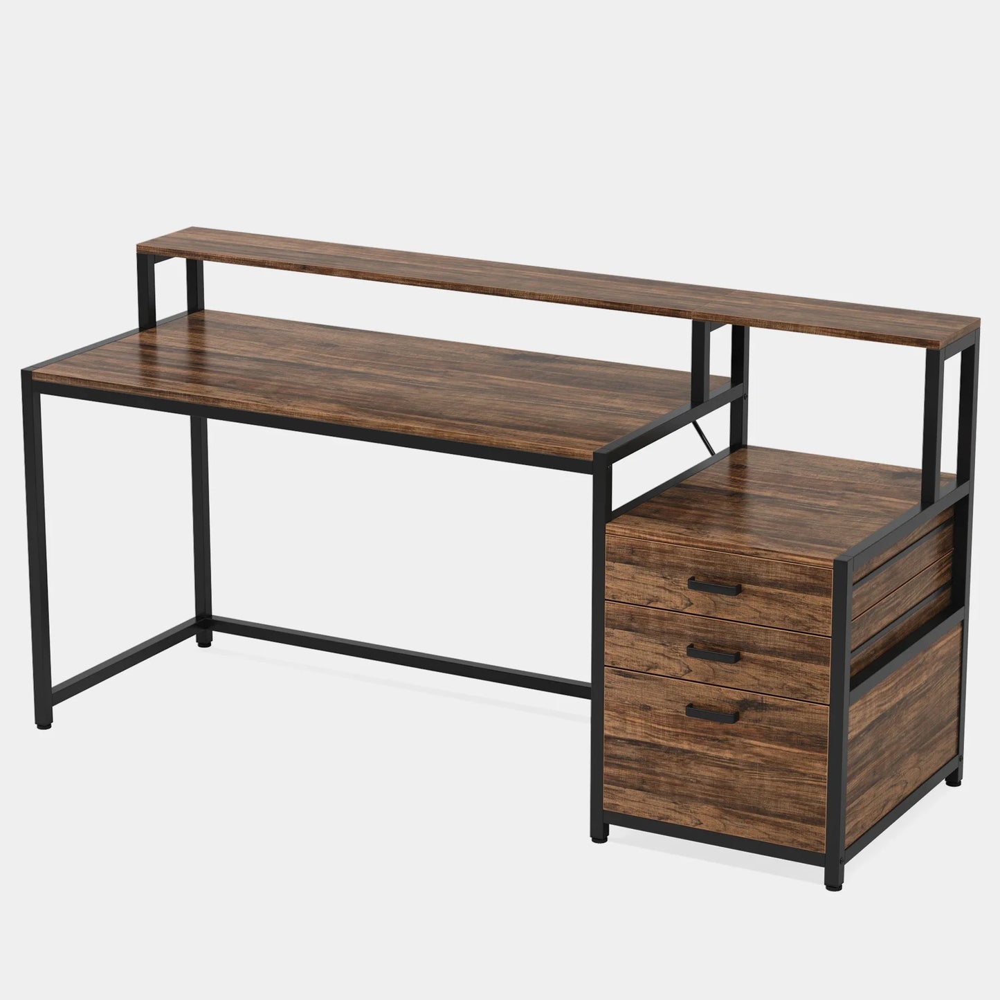 Tribesigns 63 Inch Computer Desk with File Drawer Cabinet, Ergonomic Office Desk with Monitor Stand, Industrial Computer Table