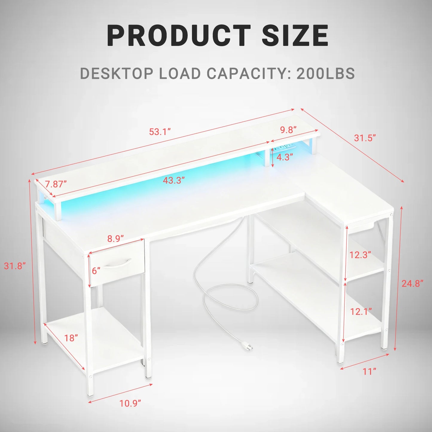 JHK L Shaped Gaming Desk with USB Charging Ports & LED Lights Reversible Desks Computer Gamer Table for Home Office Small Space