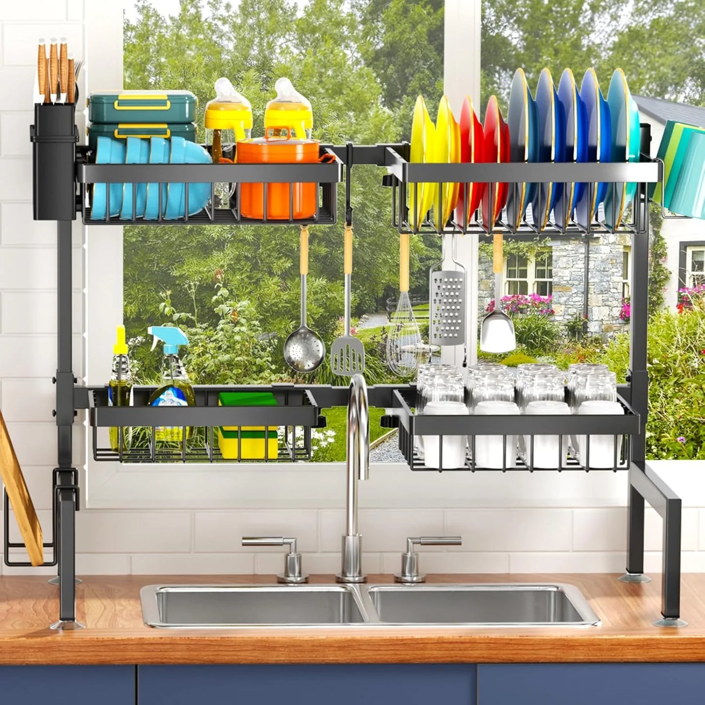 2-Tier Over The Sink Dish Drying Rack, Large Kitchen Organizer for Most Sinks, Efficient Drying (26.57"-35")