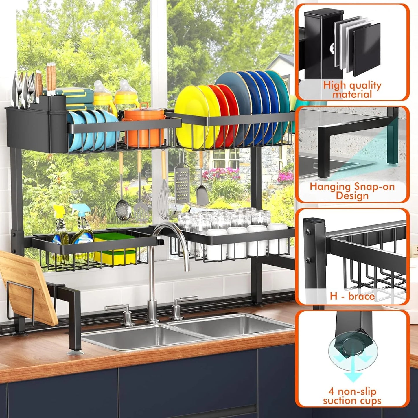 2-Tier Over The Sink Dish Drying Rack, Large Kitchen Organizer for Most Sinks, Efficient Drying (26.57"-35")