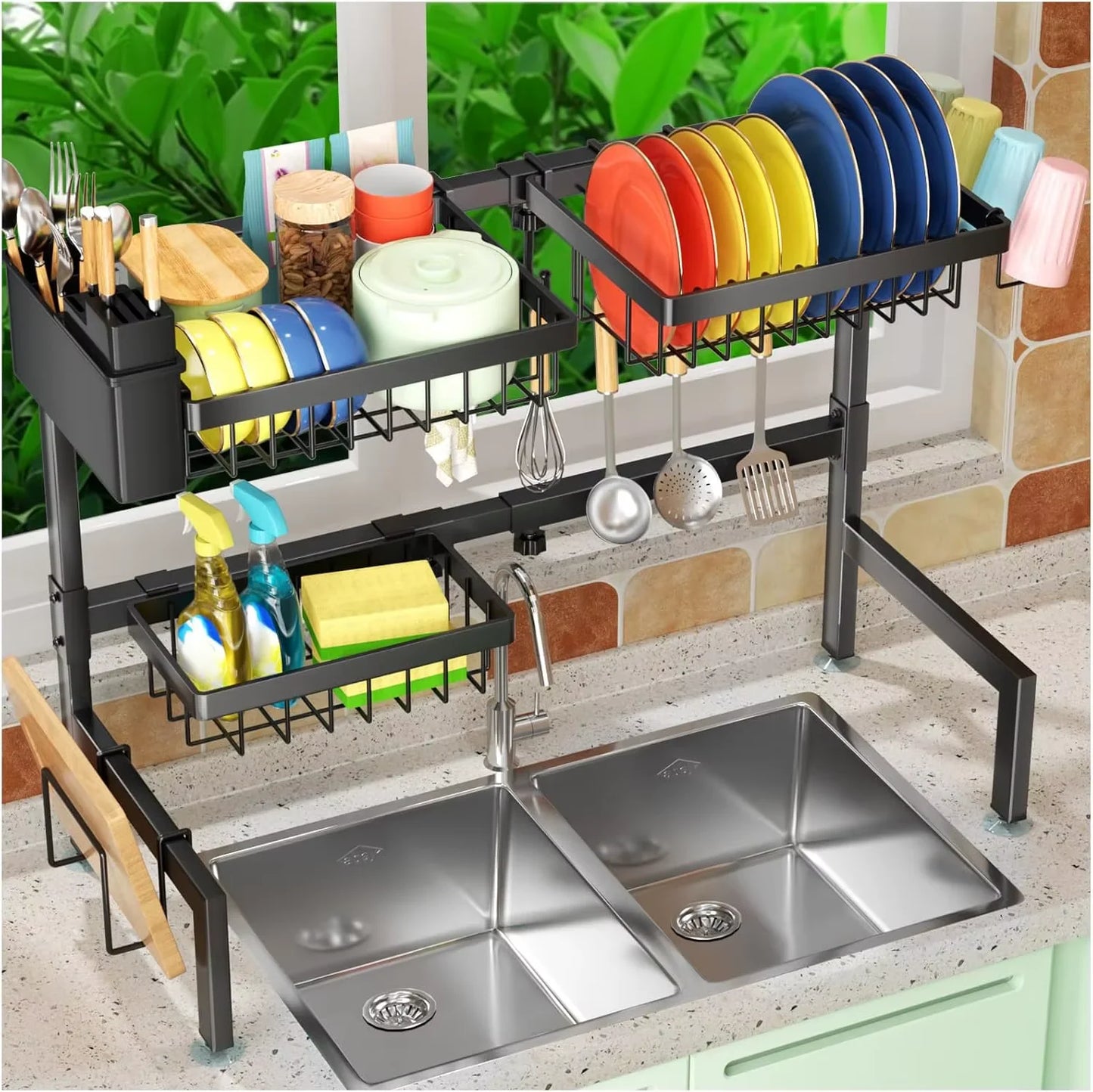 2-Tier Over The Sink Dish Drying Rack, Large Kitchen Organizer for Most Sinks, Efficient Drying (26.57"-35")