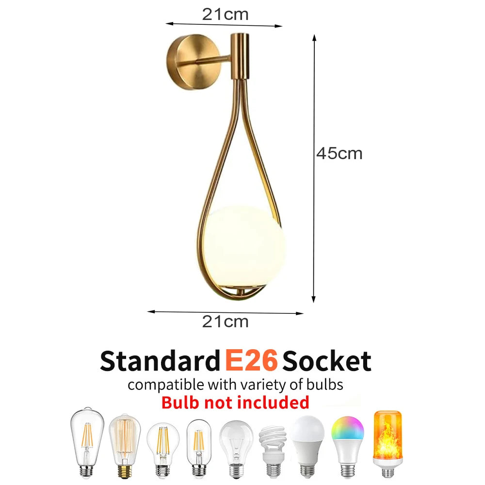 LED Indoor Wall Light, Gold Globe Wall Lamp, White Glass Shade, Metal Wall Sconce for Restaurant Headboard, Living Room No Bulb