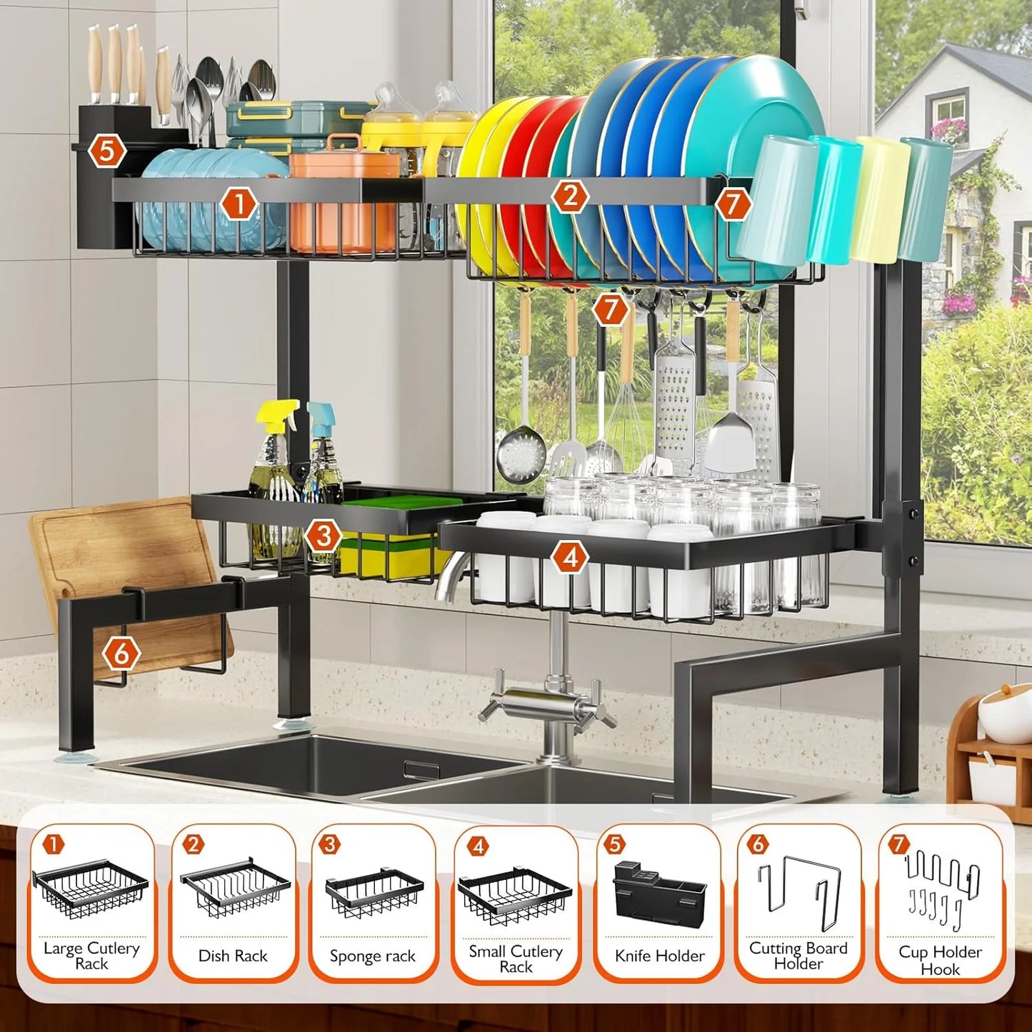 2-Tier Over The Sink Dish Drying Rack, Large Kitchen Organizer for Most Sinks, Efficient Drying (26.57"-35")