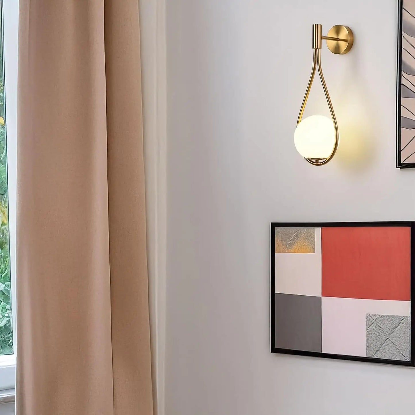 LED Indoor Wall Light, Gold Globe Wall Lamp, White Glass Shade, Metal Wall Sconce for Restaurant Headboard, Living Room No Bulb