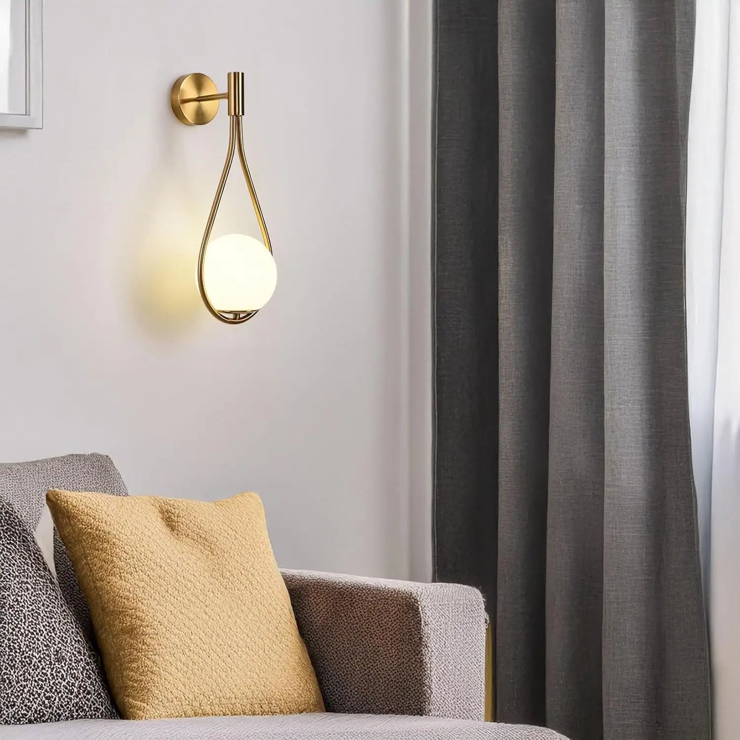LED Indoor Wall Light, Gold Globe Wall Lamp, White Glass Shade, Metal Wall Sconce for Restaurant Headboard, Living Room No Bulb