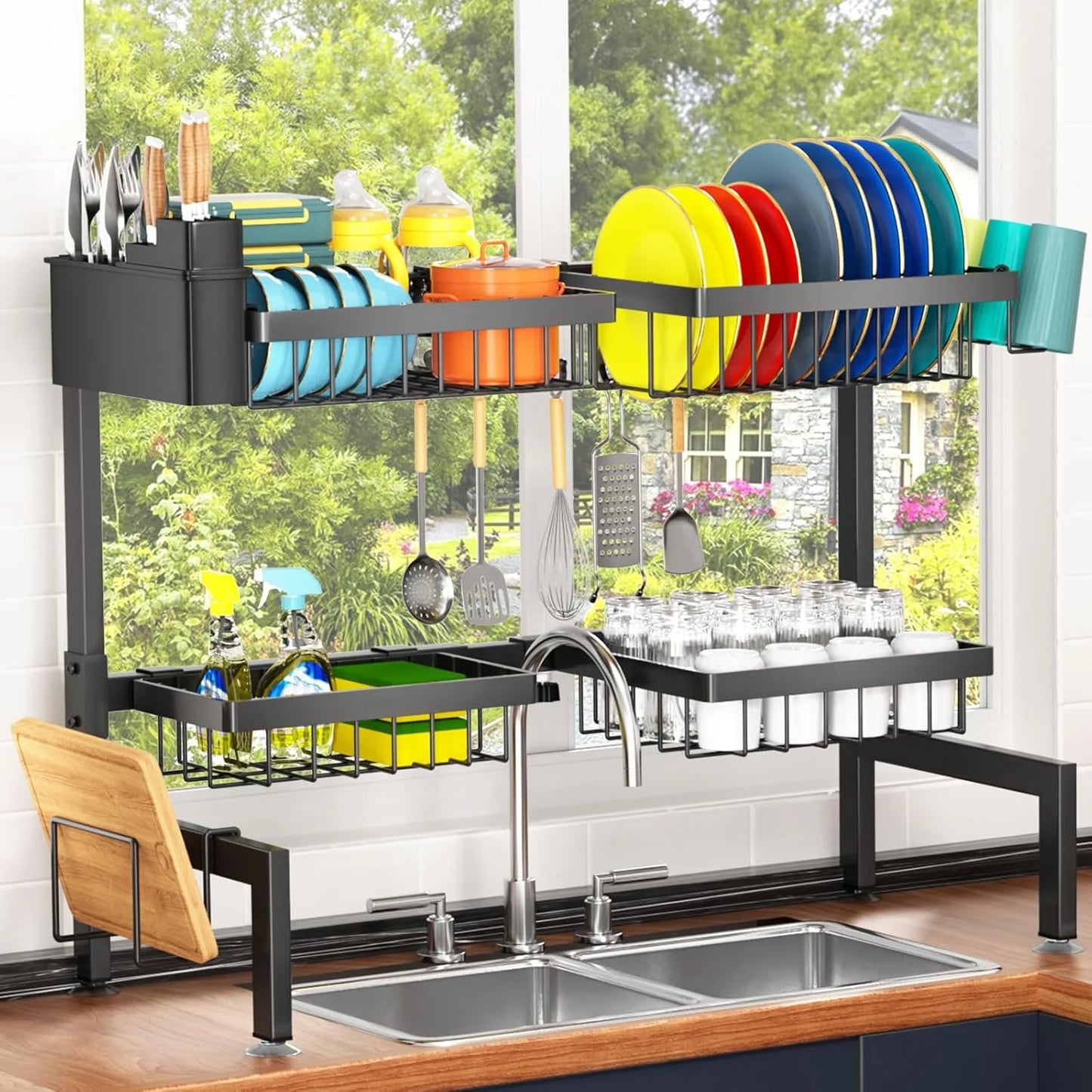 2-Tier Over The Sink Dish Drying Rack, Large Kitchen Organizer for Most Sinks, Efficient Drying (26.57"-35")
