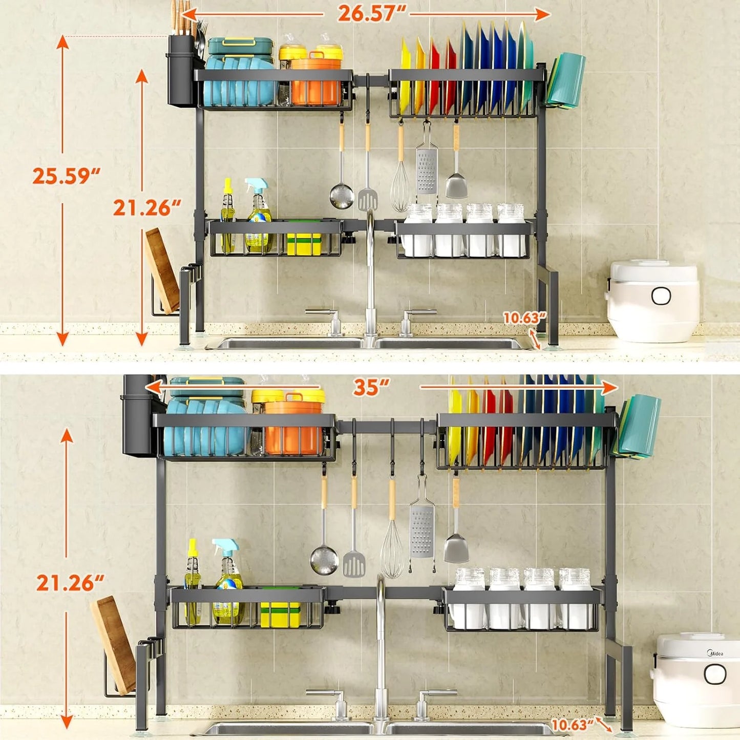 2-Tier Over The Sink Dish Drying Rack, Large Kitchen Organizer for Most Sinks, Efficient Drying (26.57"-35")