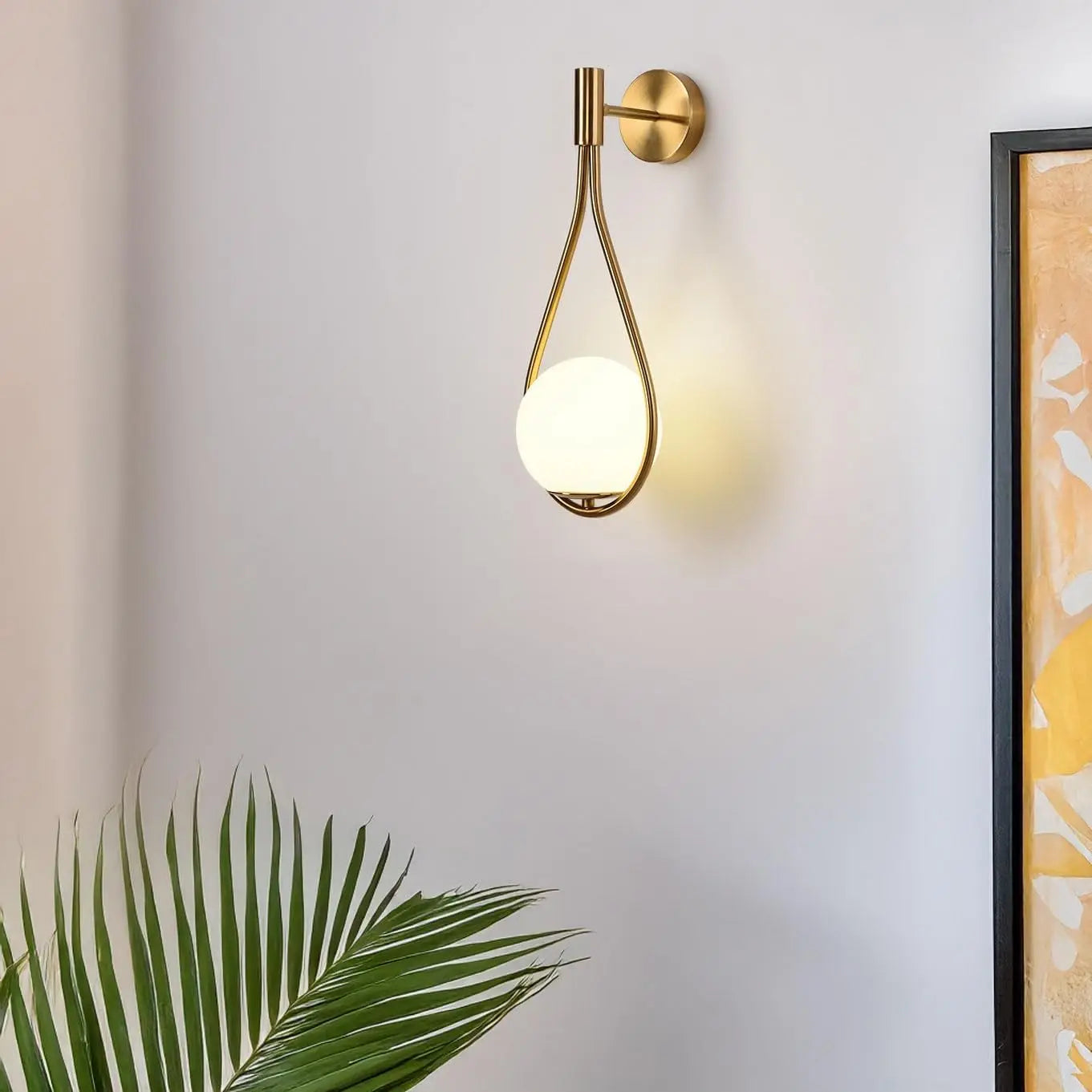 LED Indoor Wall Light, Gold Globe Wall Lamp, White Glass Shade, Metal Wall Sconce for Restaurant Headboard, Living Room No Bulb