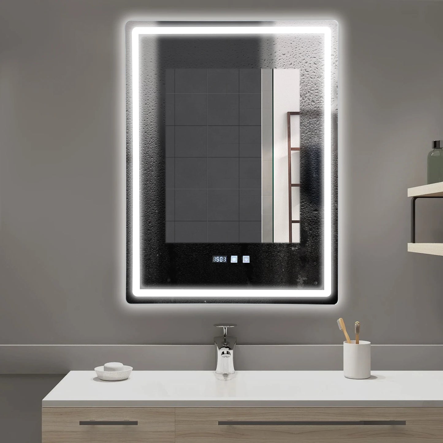Led Bathroom Mirror Wall Mounted Anti Fog Lighted Smart Vanity Mirror with Time & Temperature Display
