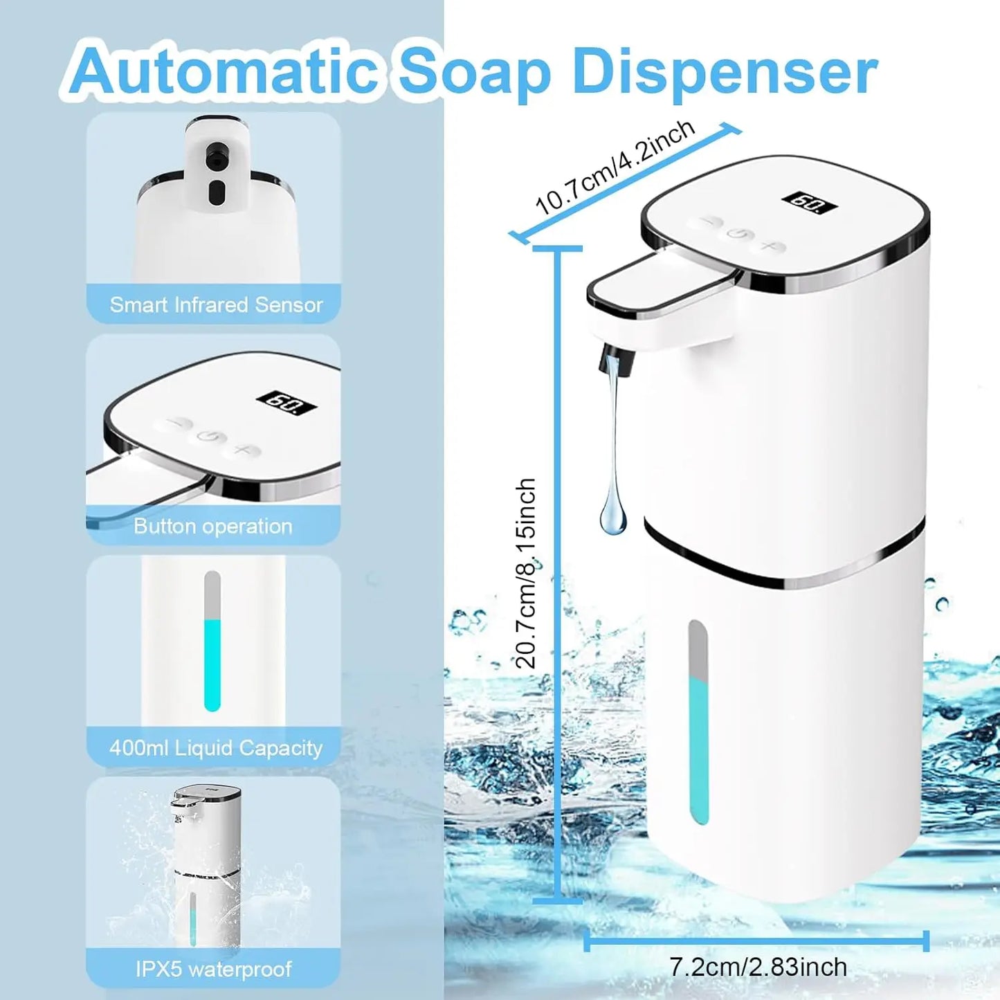 Automatic Soap Dispenser Touchless, USB Rechargeable with 9-Level Adjustable, 13.5oz Wall Mount for Kitchen Bathroom