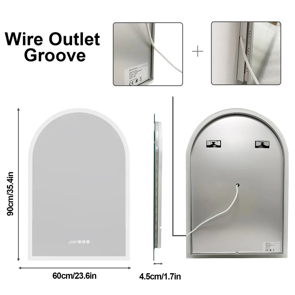 Arched LED Bathroom Mirror 600x900mm Smart Dimmable Wall Lighted Vanity Mirror with Time Temperature Dispaly Anti-fog 3 Colour