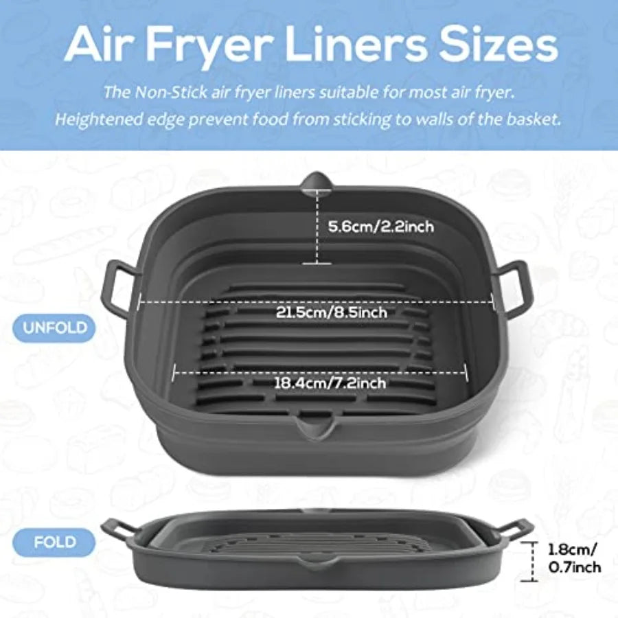 Silicone Air Fryer Liners Square - Reusable Airfryer Collapsible Basket - Easy to Clean Air Fryers Pot for 5.8 to 8 Qt Baking T