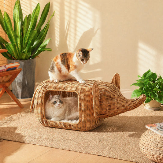 Handmade Elephant Rattan Cat Condo Bed – Plush Cushioned Wicker Hideaway, Heavy-Duty Indoor Shelter for Large Cats & Small Kittens