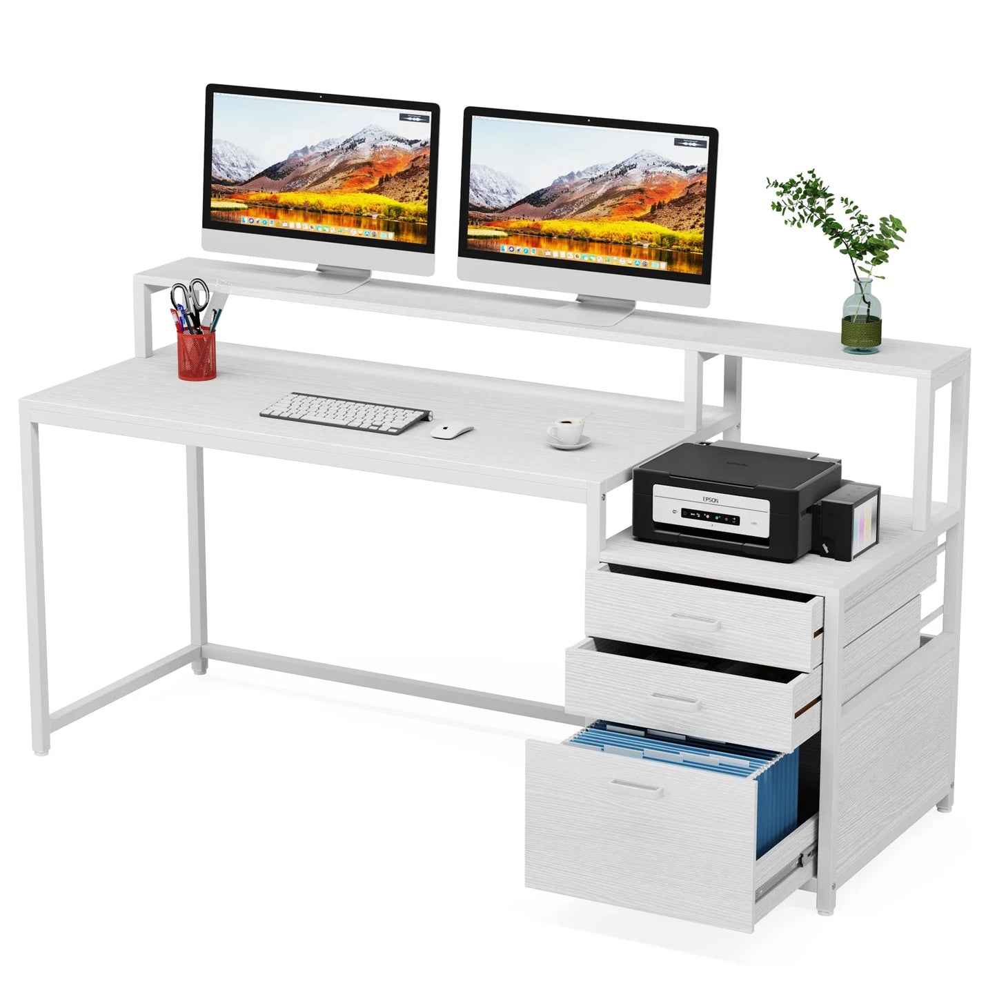 Tribesigns 63 Inch Computer Desk with File Drawer Cabinet, Ergonomic Office Desk with Monitor Stand, Industrial Computer Table