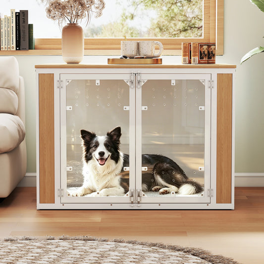 Modern Acrylic Dog Crate Furniture with Wood Top,Indoor Dog Crate Furniture Style End Table,Chew-Proof Breathable Pet Kennel with Double Doors,Stylish Indoor Dog House End Table for Medium to Large Dogs, (Suitable for 20-90lb