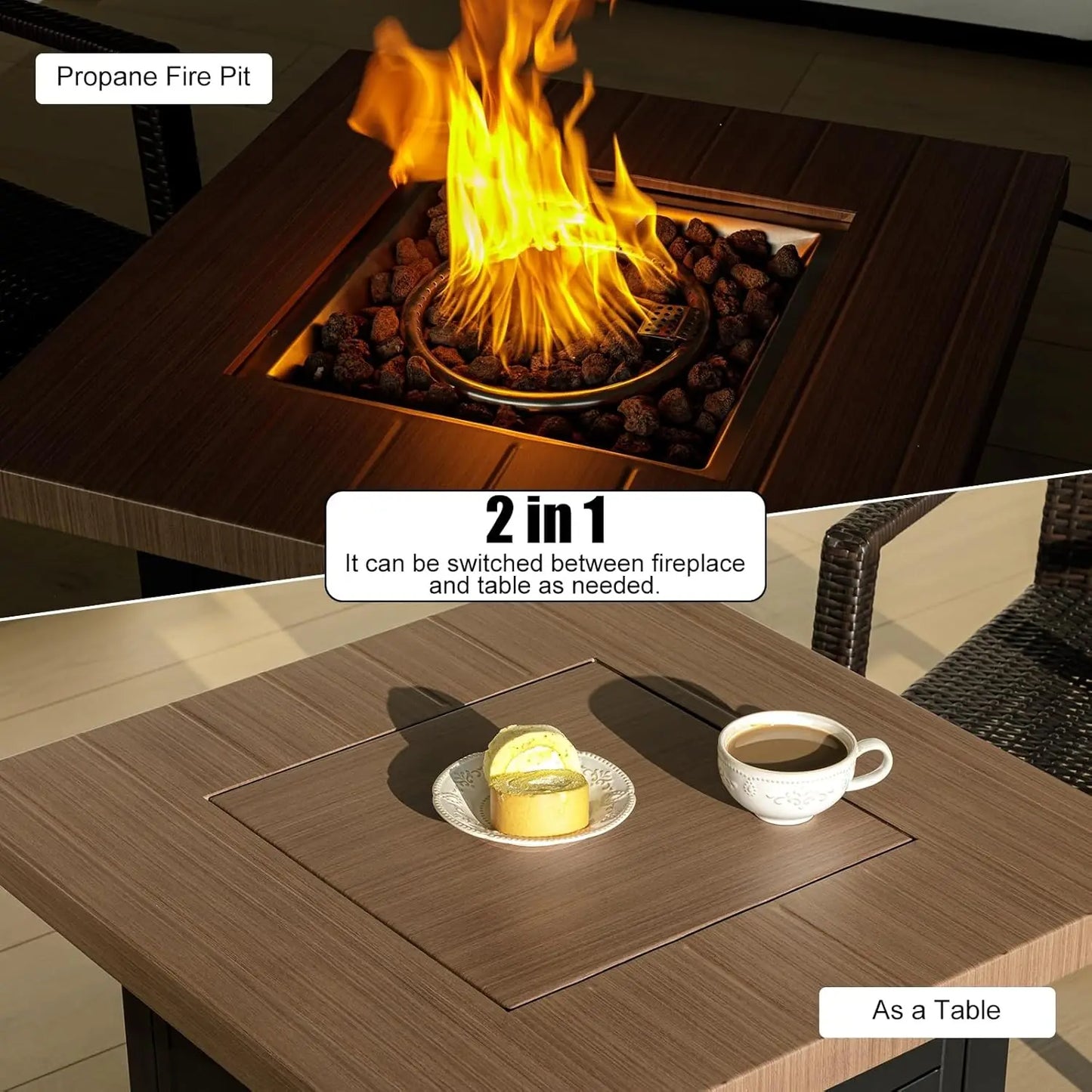 28 Inch Propane Fire Pit Table, Outdoor Gas Fire Pits with Lid & Lava Rock, 50000 BTU Firepit