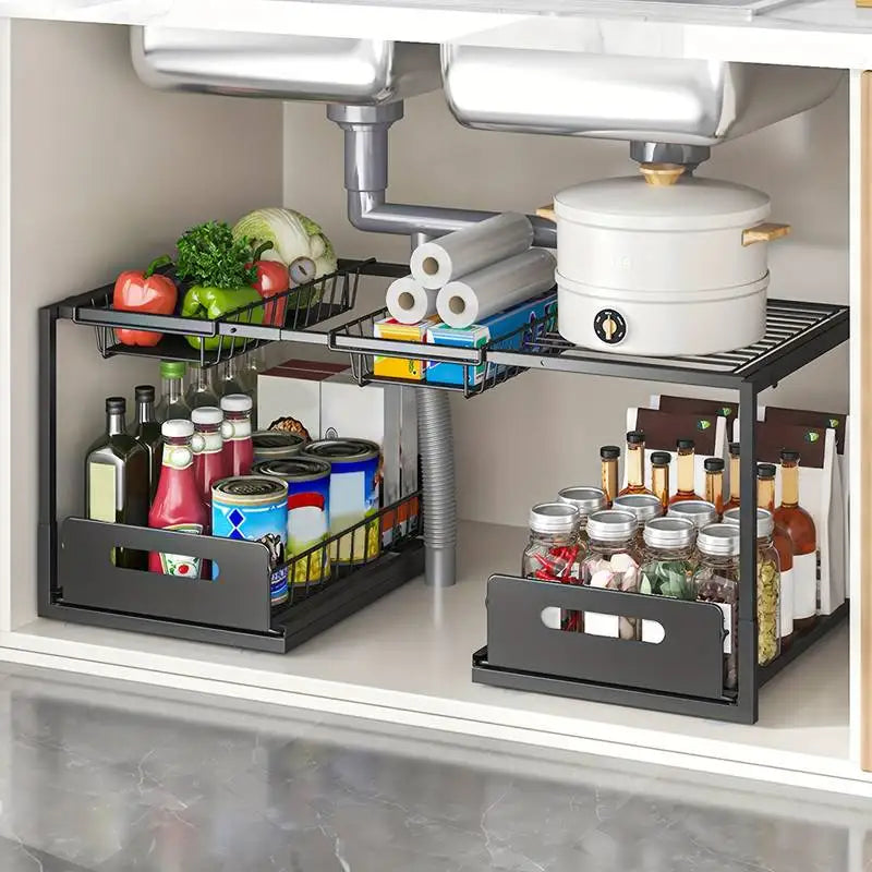 Under Sink Sliding Storage Organizer with 2 Drawers, Adjustable Multi-Level Shelf for Cabinet, Kitchen, Bathroom