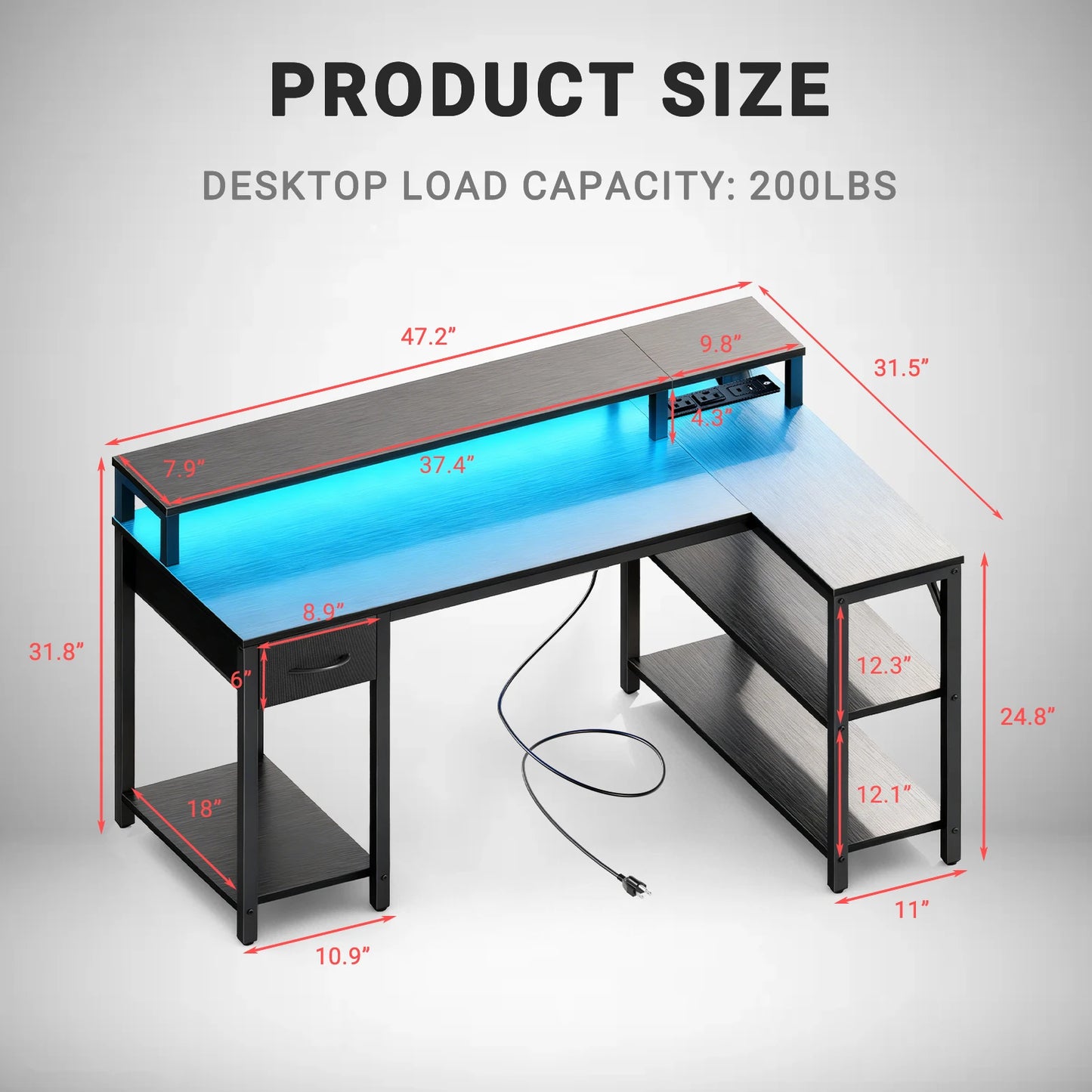 JHK L Shaped Gaming Desk with USB Charging Ports & LED Lights Reversible Desks Computer Gamer Table for Home Office Small Space