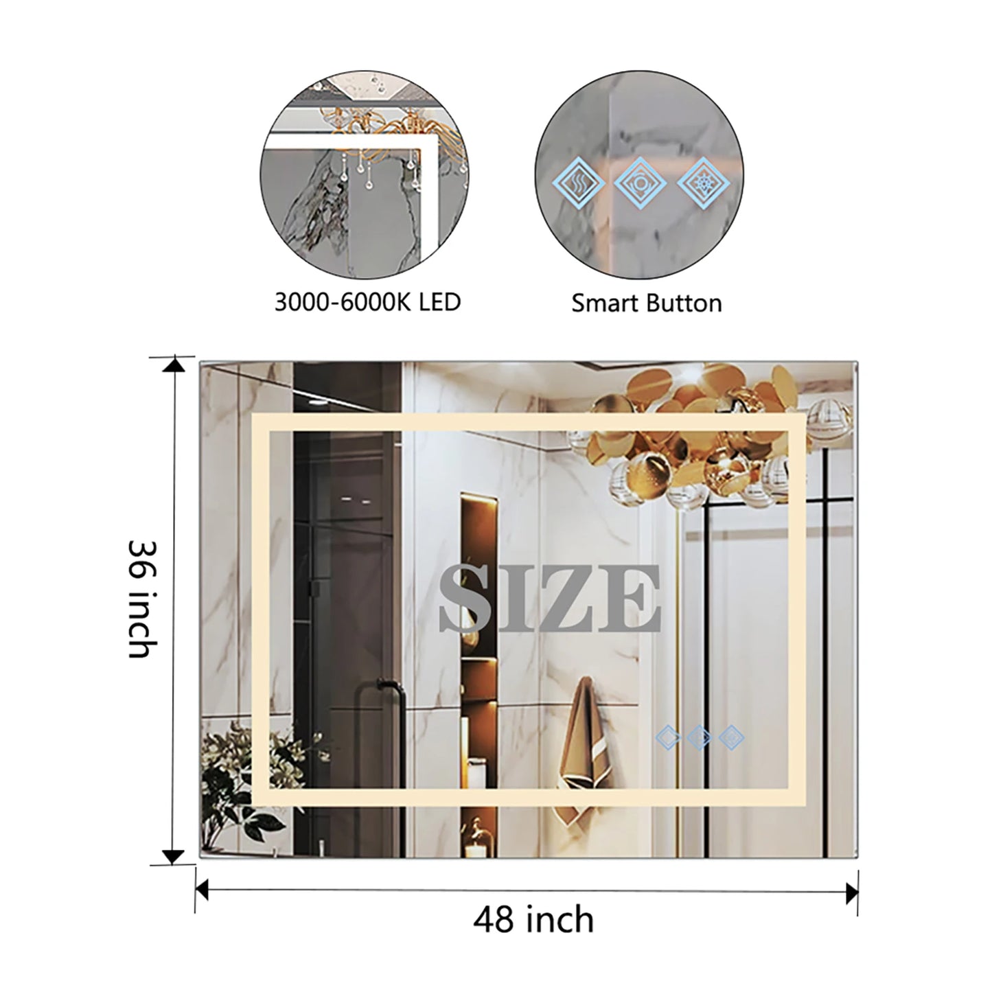 Modern LED Bathroom Vanity Mirror with 3 Colors Lighting, Dimmable, Anti-Fog, Smart Touch Button - 48 x 36inch Wall Mirrors