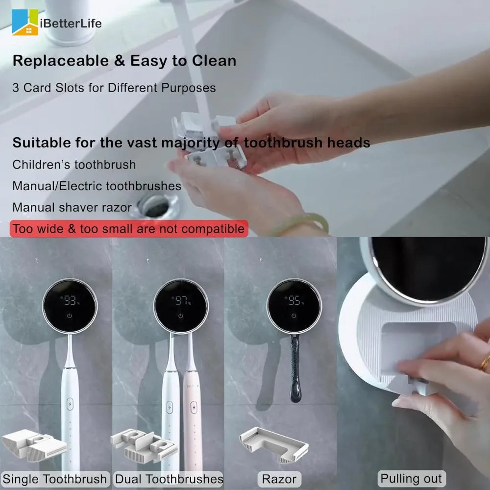 Toothbrush Holders Cleaner & Dryer for Bathroom - Mirror Wall Mounted [Rechargeable, Auto Sensor Open/Close Lid, LED Smart