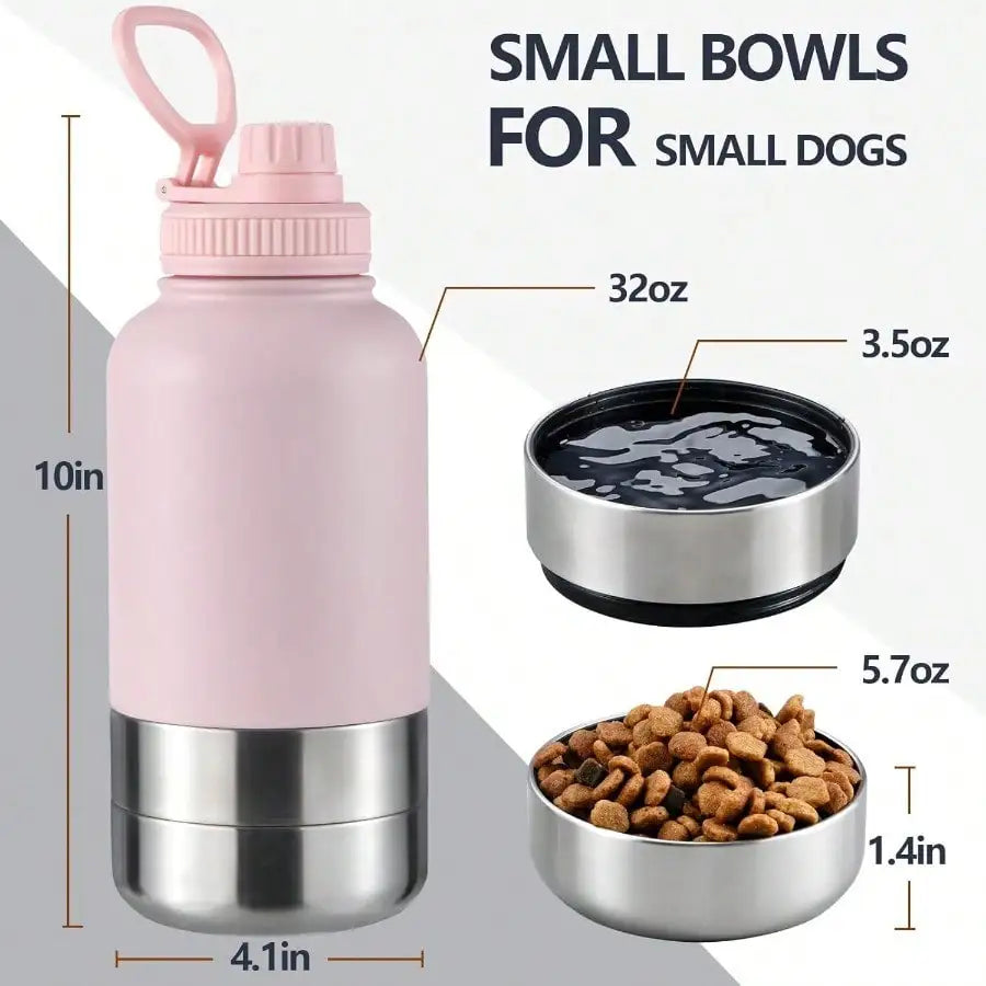 Insulated Dog Water Bottle With 2 Bowls, 32oz Travel Stainless Steel Double Wall , Portable Pet Dispenser, Gifts For Puppy Small Medium Dogs Walking Hiking And Camping
