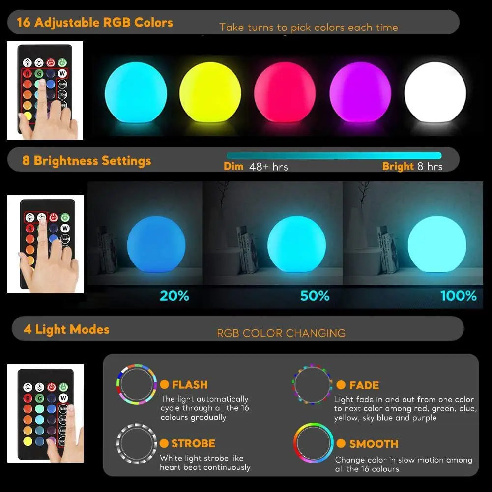 12-Inch LED Glowing Orb Light with Remote, Dimmable Rechargeable Floor Lamp, Waterproof Cordless Night Light for Home, Bedroom,