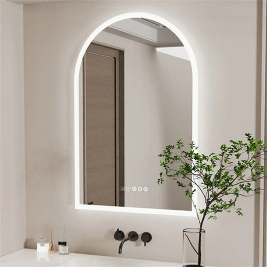 Arched LED Bathroom Mirror 600x900mm Smart Dimmable Wall Lighted Vanity Mirror with Time Temperature Dispaly Anti-fog 3 Colour