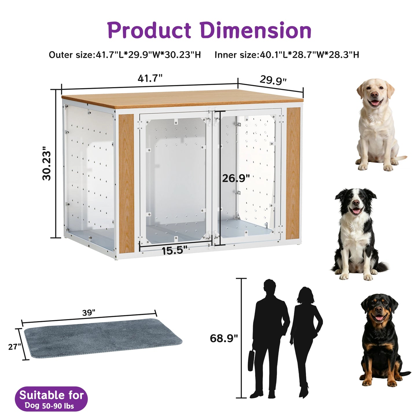 Modern Acrylic Dog Crate Furniture with Wood Top,Indoor Dog Crate Furniture Style End Table,Chew-Proof Breathable Pet Kennel with Double Doors,Stylish Indoor Dog House End Table for Medium to Large Dogs, (Suitable for 20-90lb