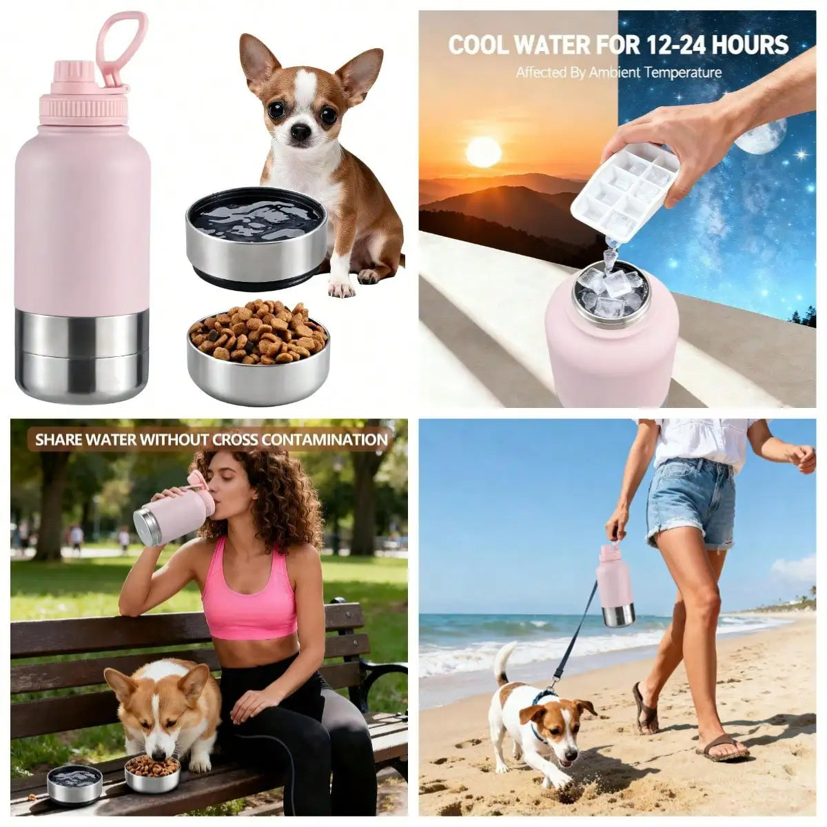 Insulated Dog Water Bottle With 2 Bowls, 32oz Travel Stainless Steel Double Wall , Portable Pet Dispenser, Gifts For Puppy Small Medium Dogs Walking Hiking And Camping