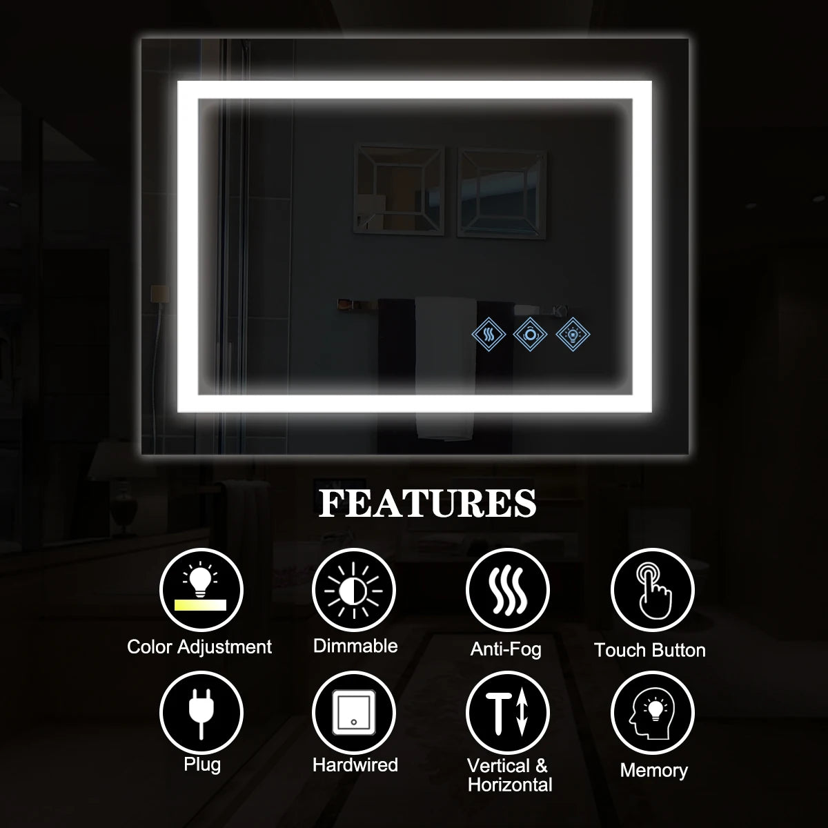 Modern LED Bathroom Vanity Mirror with 3 Colors Lighting, Dimmable, Anti-Fog, Smart Touch Button - 48 x 36inch Wall Mirrors