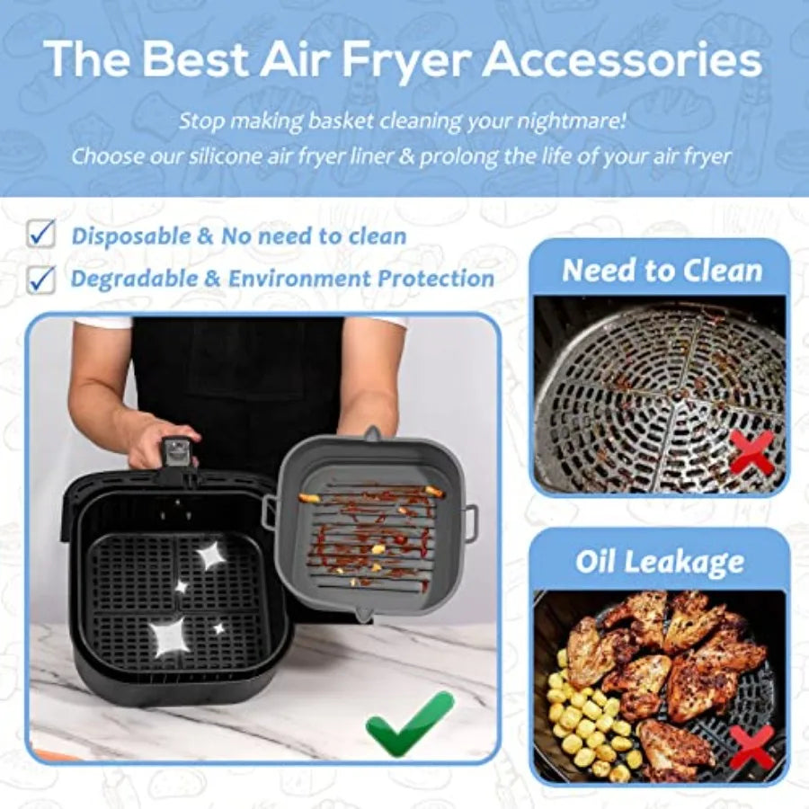 Silicone Air Fryer Liners Square - Reusable Airfryer Collapsible Basket - Easy to Clean Air Fryers Pot for 5.8 to 8 Qt Baking T
