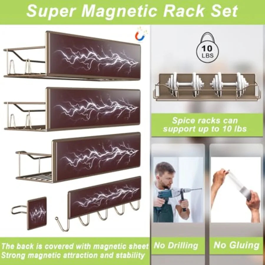 Magnetic Spice Rack for Refrigerator, Magnetic Fridge Shelves W/Adjustable Paper Towel Holder, Hook Rack, Moveable Spice Organi