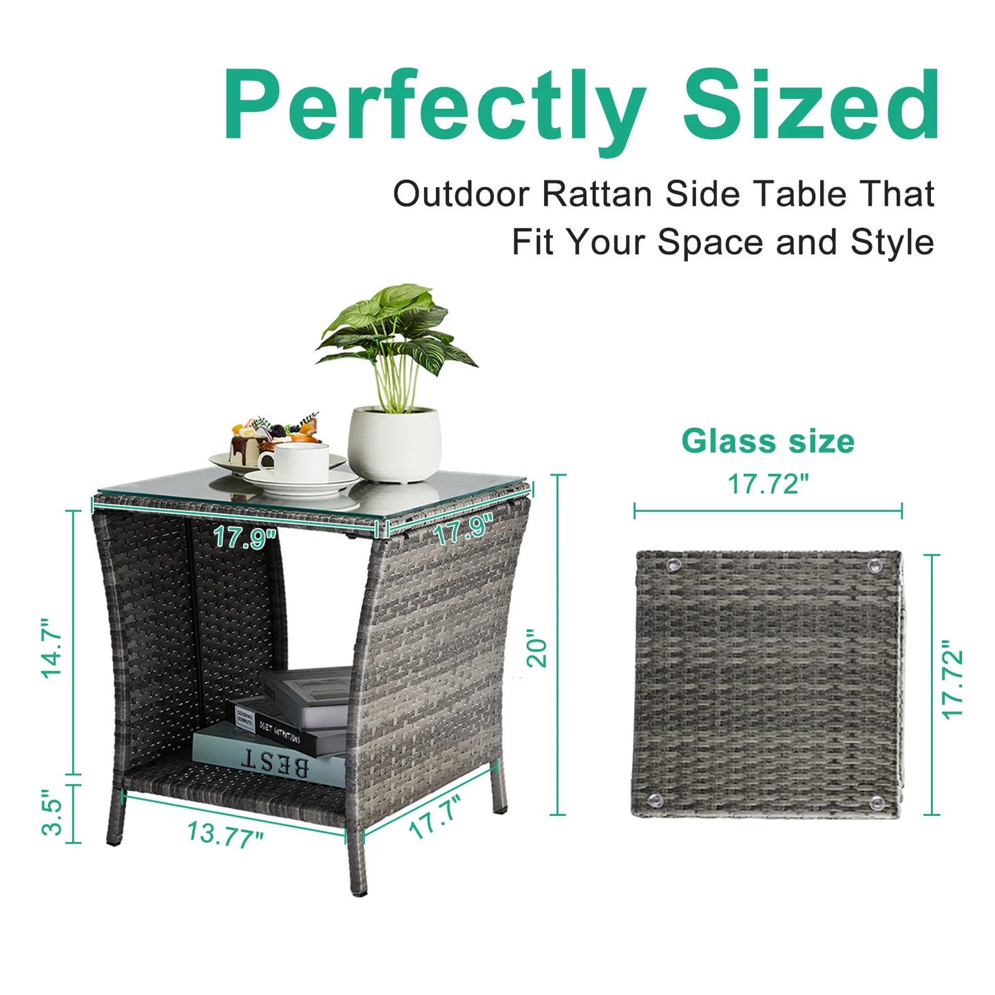 Outdoor Patio Wicker Side Table, Square End Table Bistro Coffee Table with Glass Top Storage Shelf for Porch Garden Backyard
