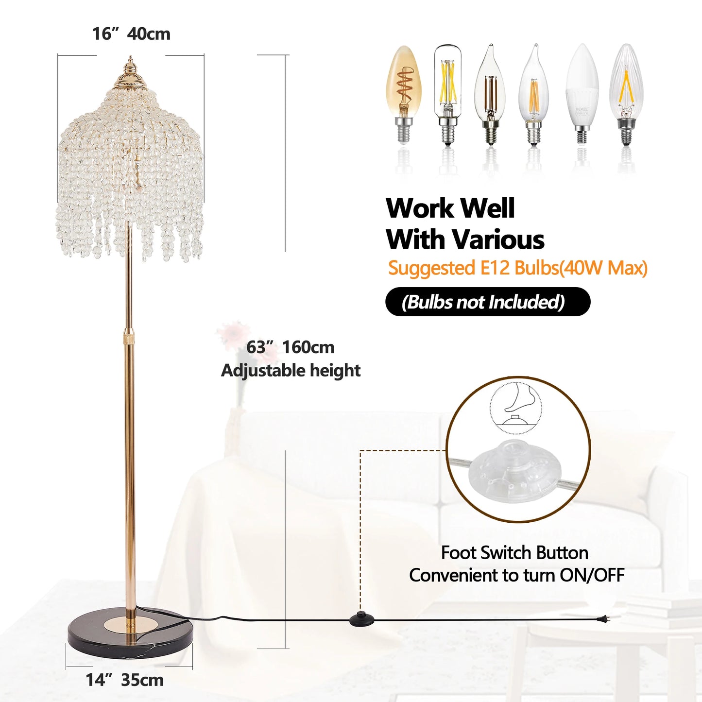 ARLGSITE 3-Light Elegant Crystal Floor Lamp Vintage Waterfall Design with Crystal Bead Strings and Marble Texture Base (No Bulb)