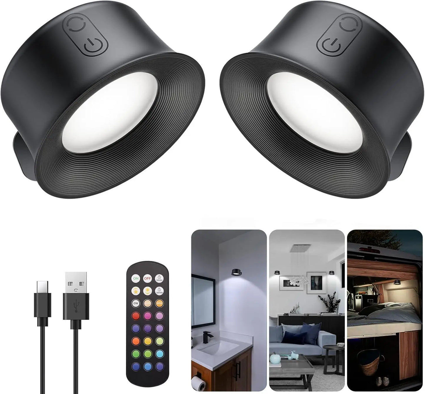 2Pack LED Wall Lights, Battery Wall Sconce,Magnetic Wireless Rechargeable Ambient Lights, Auxiliary Light rotates 360°, 3 Color