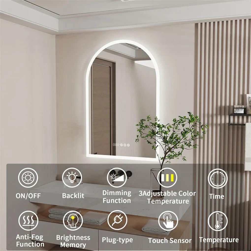 Arched LED Bathroom Mirror 600x900mm Smart Dimmable Wall Lighted Vanity Mirror with Time Temperature Dispaly Anti-fog 3 Colour