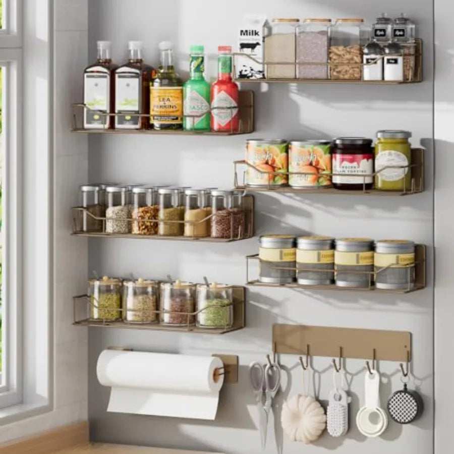 Magnetic Spice Rack for Refrigerator, Magnetic Fridge Shelves W/Adjustable Paper Towel Holder, Hook Rack, Moveable Spice Organi