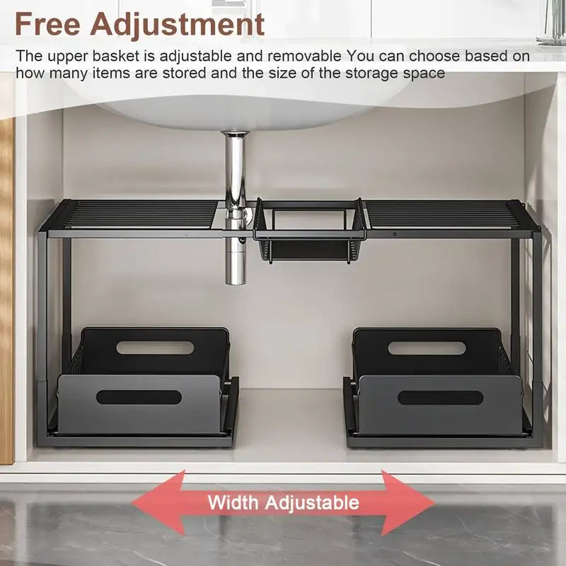 Under Sink Sliding Storage Organizer with 2 Drawers, Adjustable Multi-Level Shelf for Cabinet, Kitchen, Bathroom