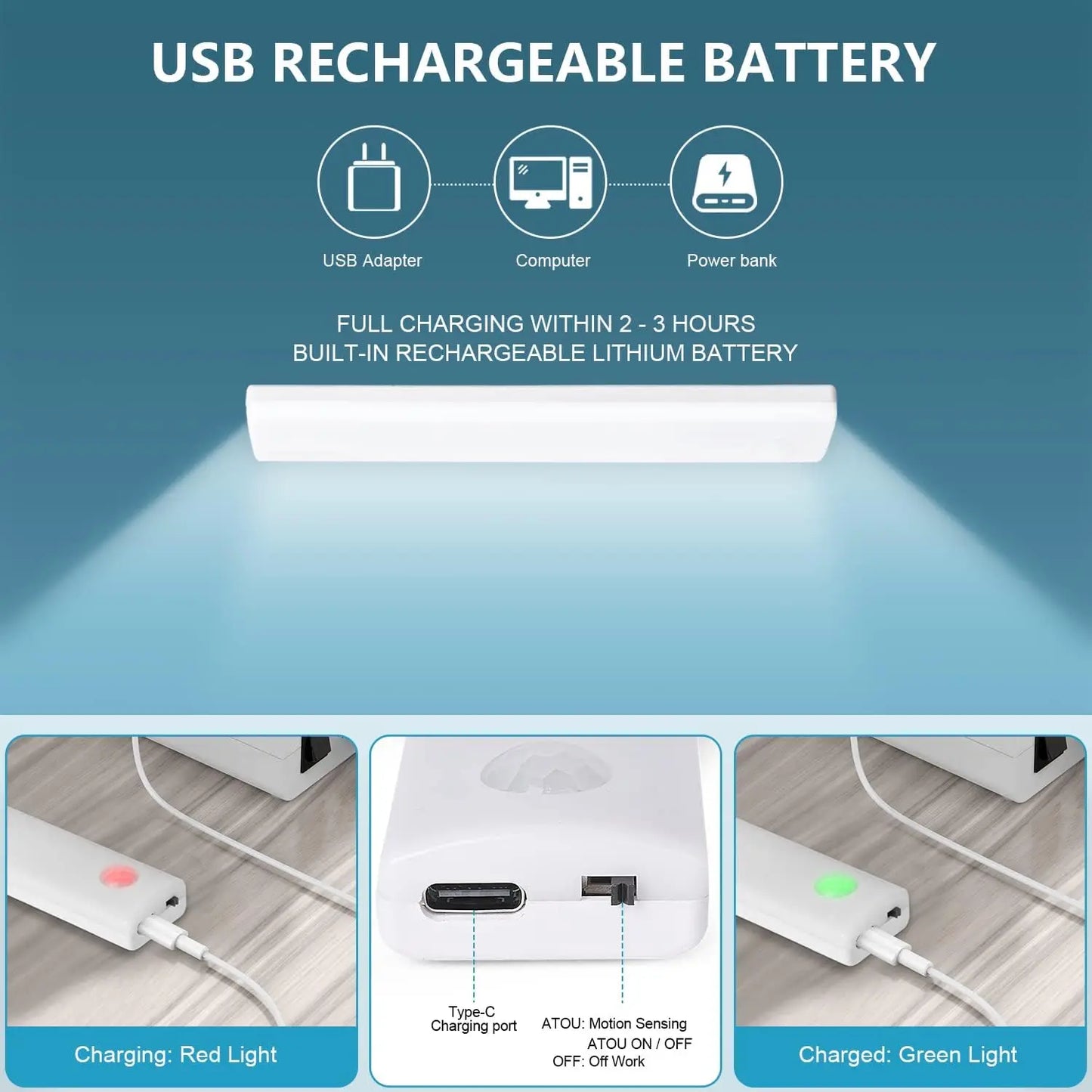 3PACK motion sensor LED cabinet lighting, USB charging magnetic installation, applied to kitchen and closet, white