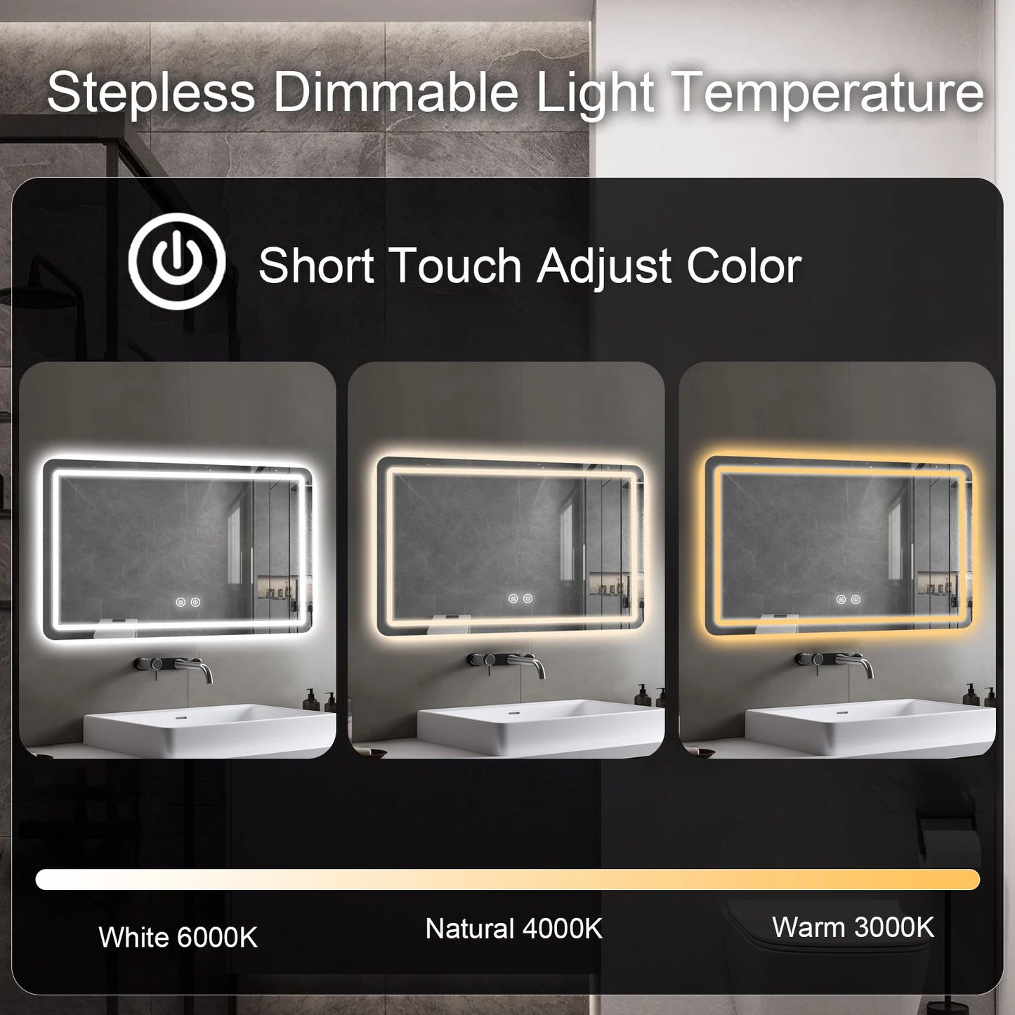 90*60cm Round LED Bathroom Mirror Vanity Mirrors Backlit Lights Fogless Makeup Mirror Wall Mounted Demister Dimmable Glass