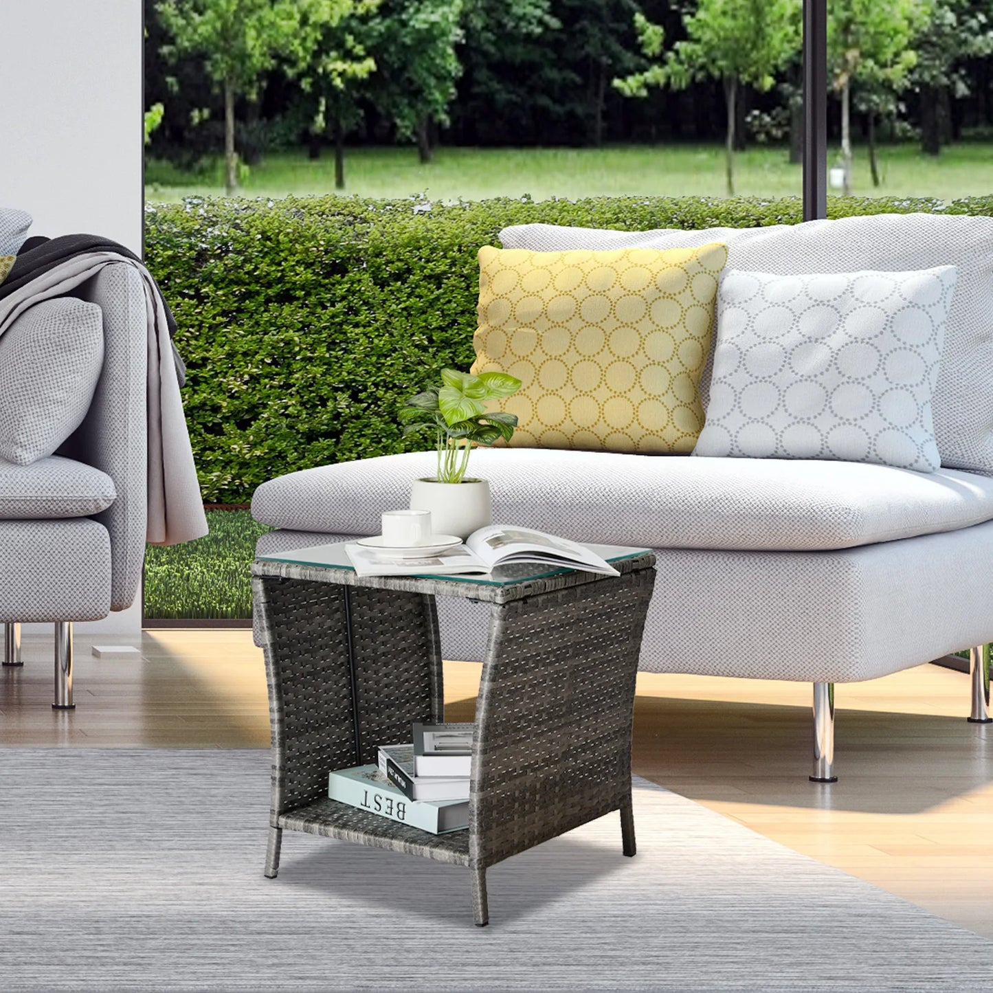 Outdoor Patio Wicker Side Table, Square End Table Bistro Coffee Table with Glass Top Storage Shelf for Porch Garden Backyard
