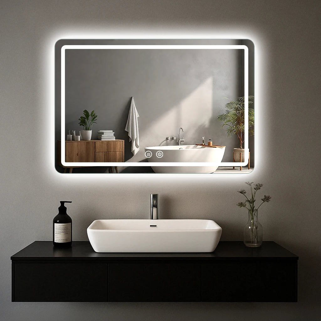 90*60cm Round LED Bathroom Mirror Vanity Mirrors Backlit Lights Fogless Makeup Mirror Wall Mounted Demister Dimmable Glass
