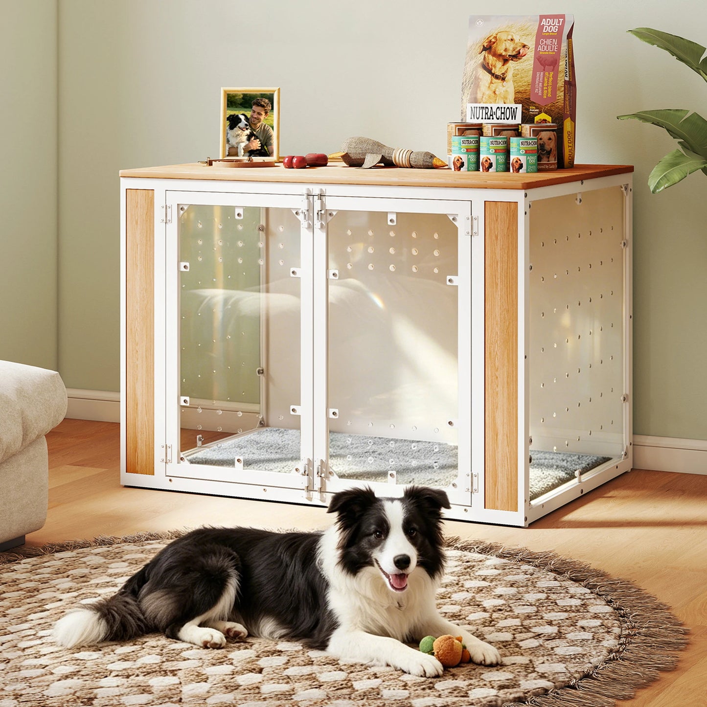 Modern Acrylic Dog Crate Furniture with Wood Top,Indoor Dog Crate Furniture Style End Table,Chew-Proof Breathable Pet Kennel with Double Doors,Stylish Indoor Dog House End Table for Medium to Large Dogs, (Suitable for 20-90lb