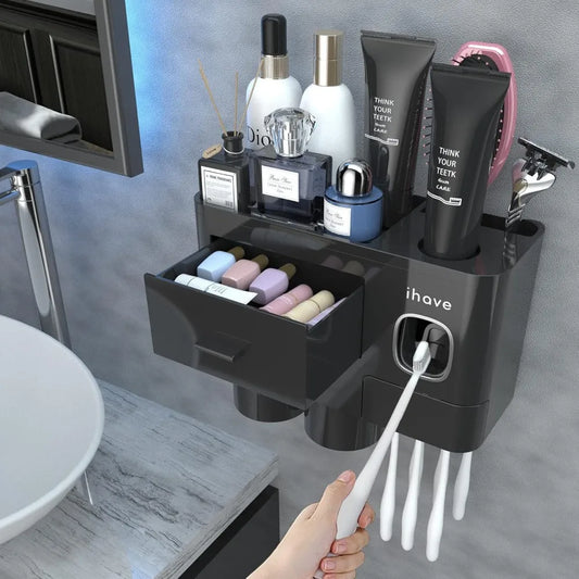 iHave Toothbrush Holders for Bathrooms, 2 Cups Toothbrush Holder Wall Mounted with Toothpaste Dispenser - Large Capacity Tray,
