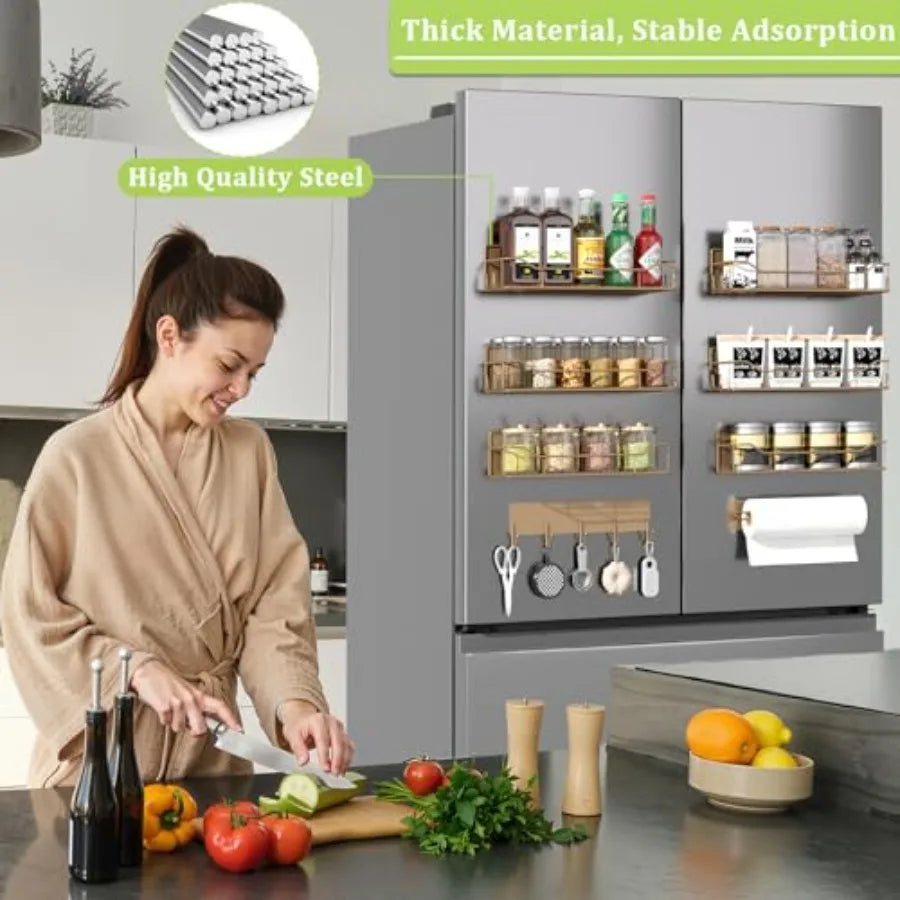 Magnetic Spice Rack for Refrigerator, Magnetic Fridge Shelves W/Adjustable Paper Towel Holder, Hook Rack, Moveable Spice Organi