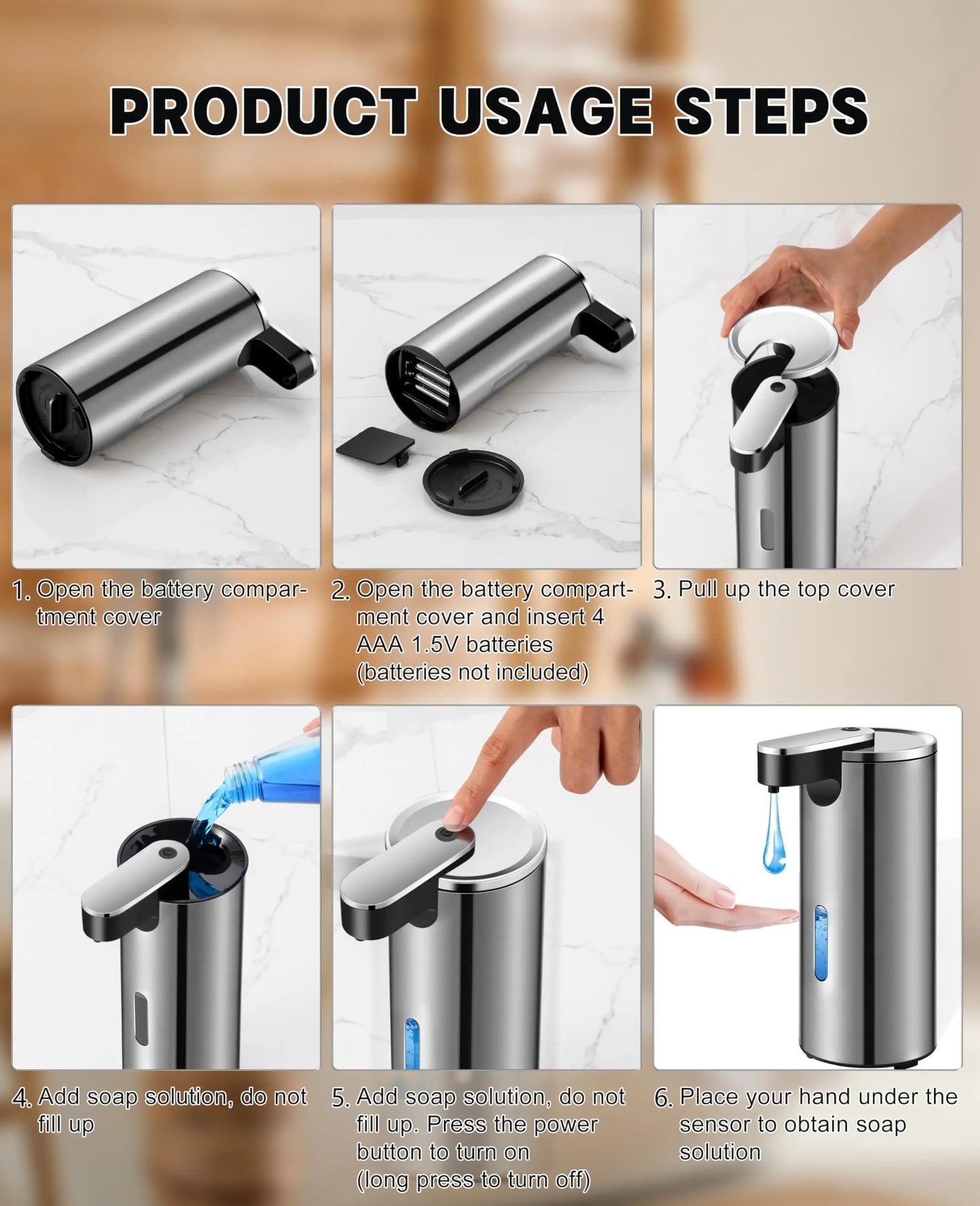 Automatic Soap Dispenser Stainless Steel Touchless3-Level Infrared Sensor for Bathroom,Kitchen,Hotel,Hand-Free Liquid Dispensing