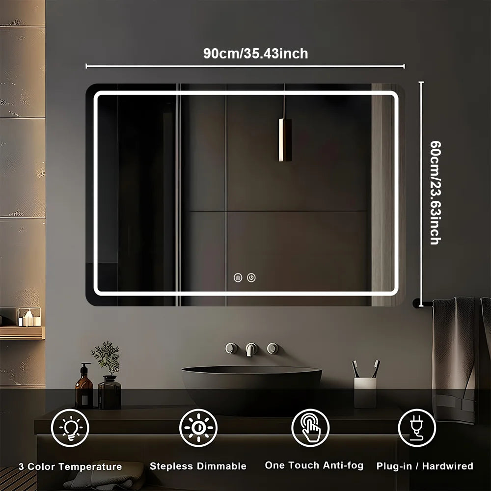 90*60cm Round LED Bathroom Mirror Vanity Mirrors Backlit Lights Fogless Makeup Mirror Wall Mounted Demister Dimmable Glass