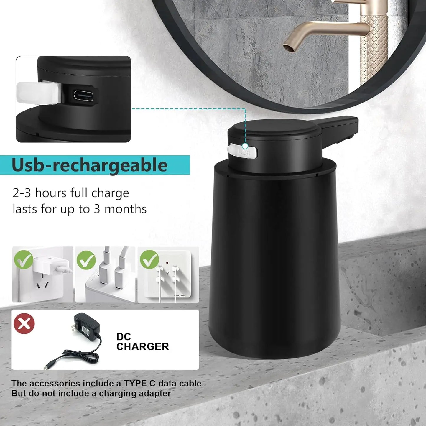 Automatic Soap Dispenser Touchless with 3-Level Adjustable Setting, 9oz Rechargeable Electric Soap Dispenser for Bathroom