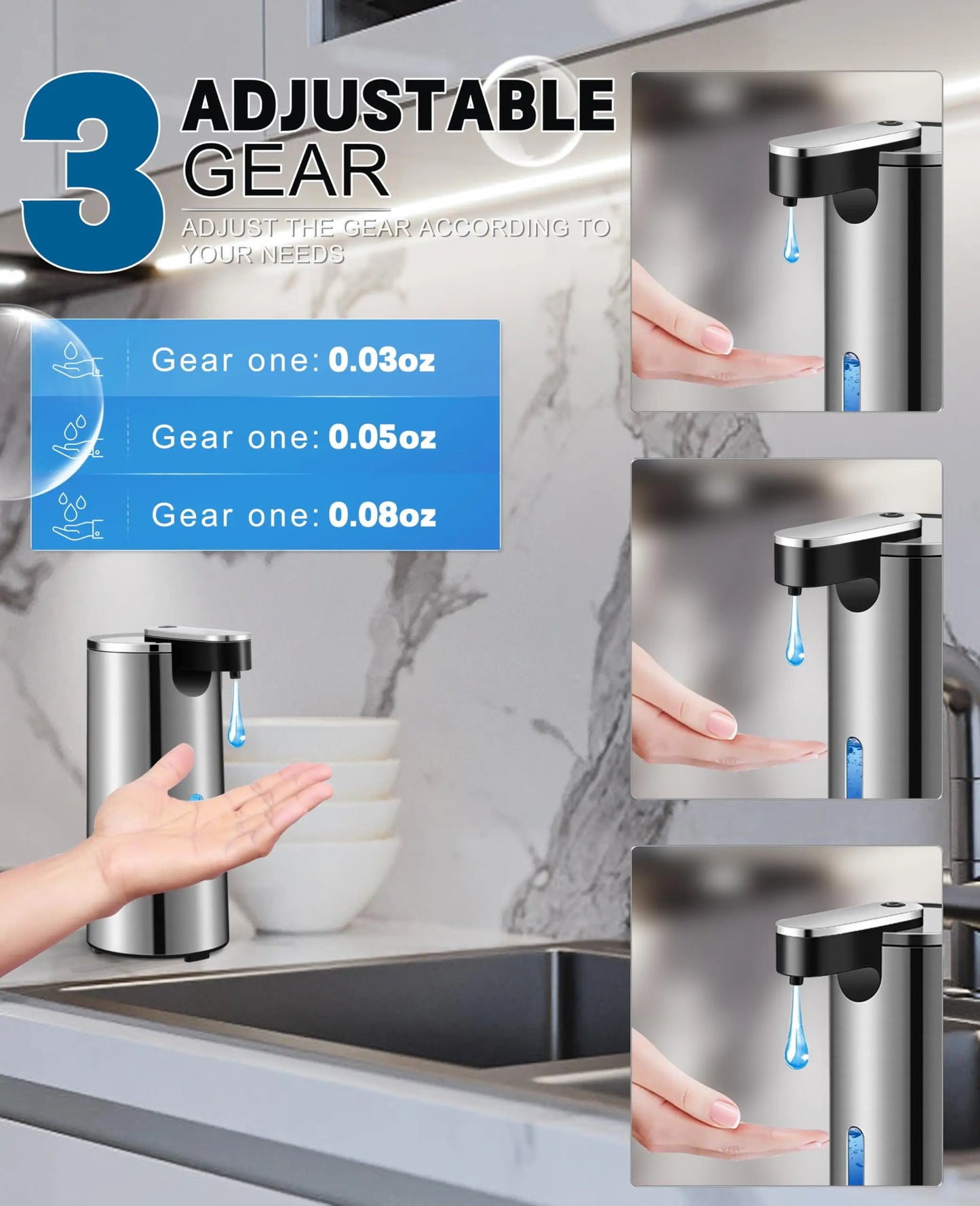Automatic Soap Dispenser Stainless Steel Touchless3-Level Infrared Sensor for Bathroom,Kitchen,Hotel,Hand-Free Liquid Dispensing