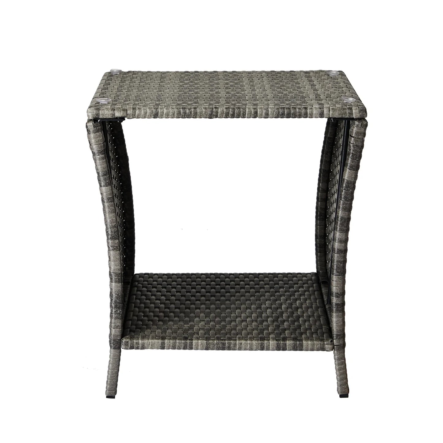 Outdoor Patio Wicker Side Table, Square End Table Bistro Coffee Table with Glass Top Storage Shelf for Porch Garden Backyard